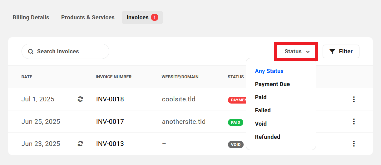 Client view of Invoice Status filter in your client portal