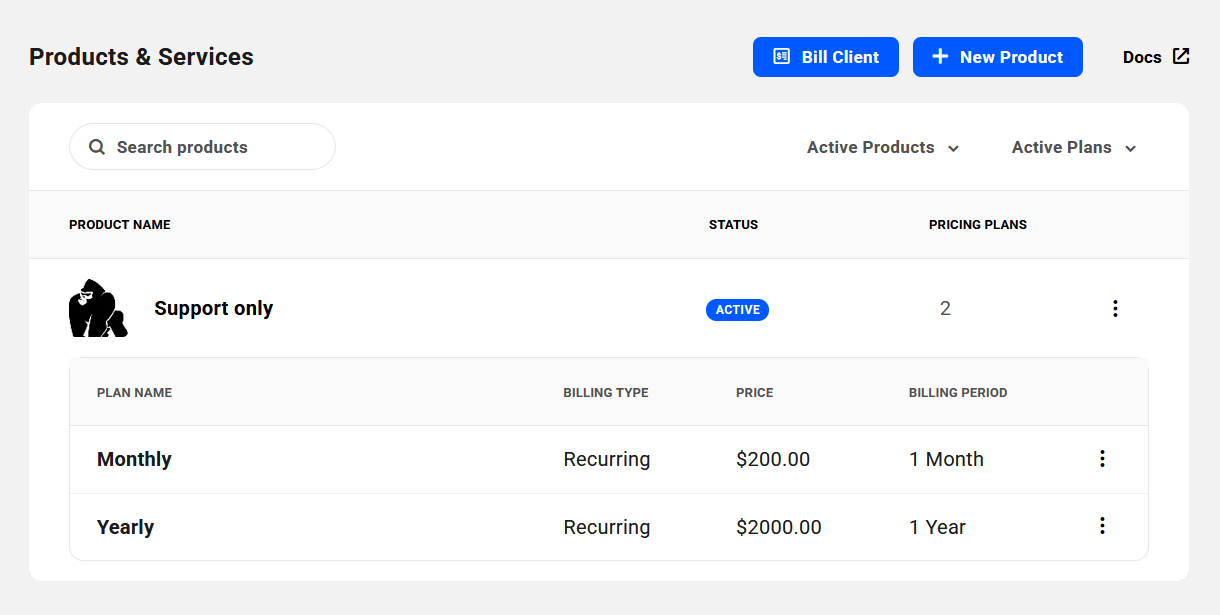 Example pricing plan added to a product in Client Tools