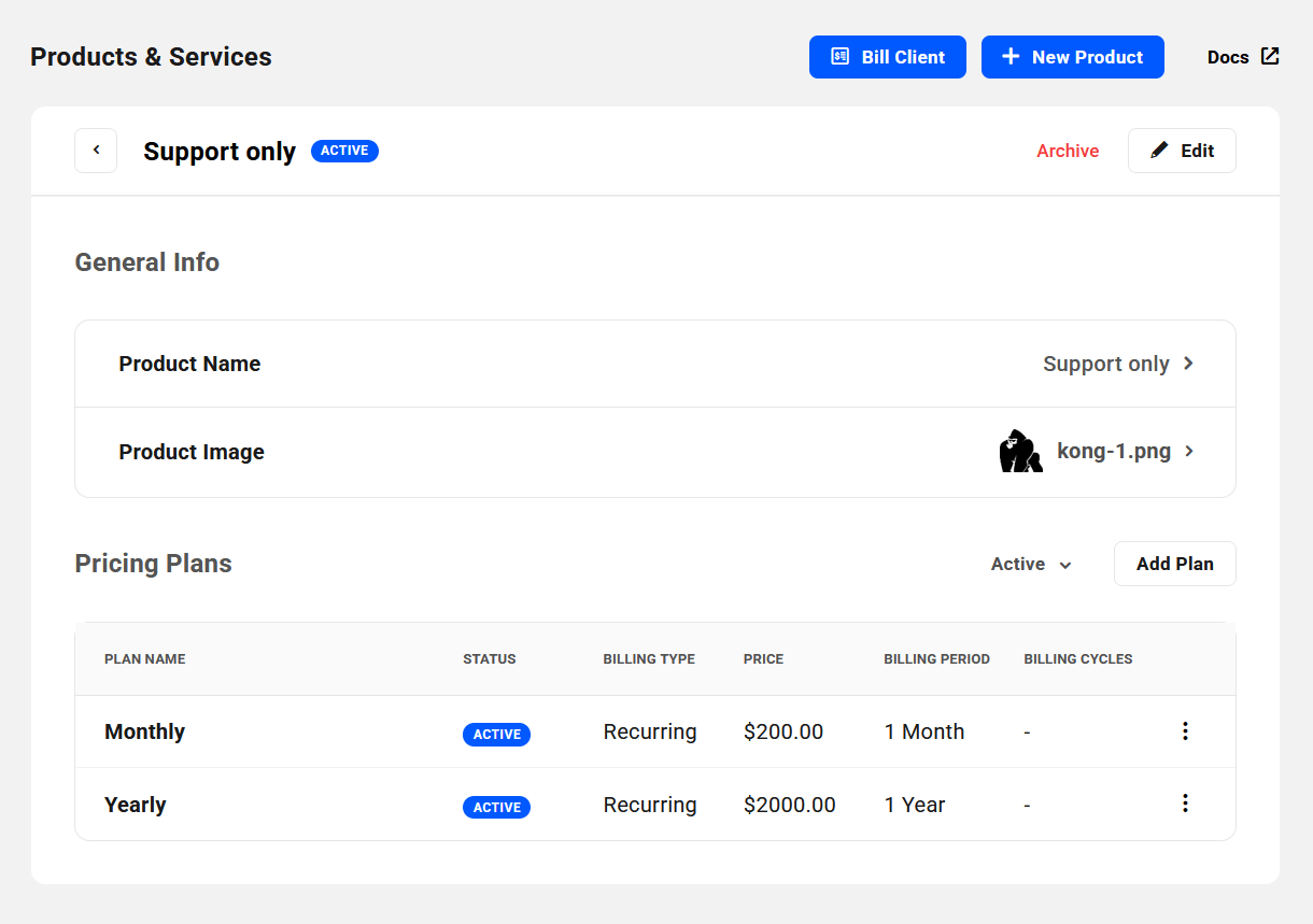 Pricing plan details in a product in Client Tools