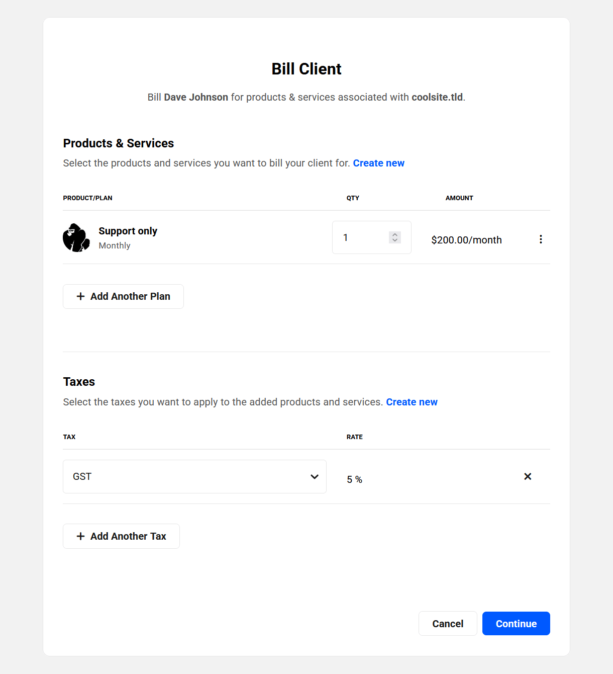 Billing a client for a site in Client Tools
