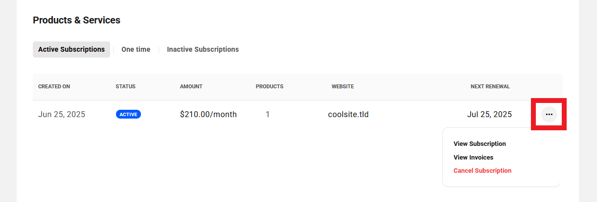 Options for active subscriptions for a site