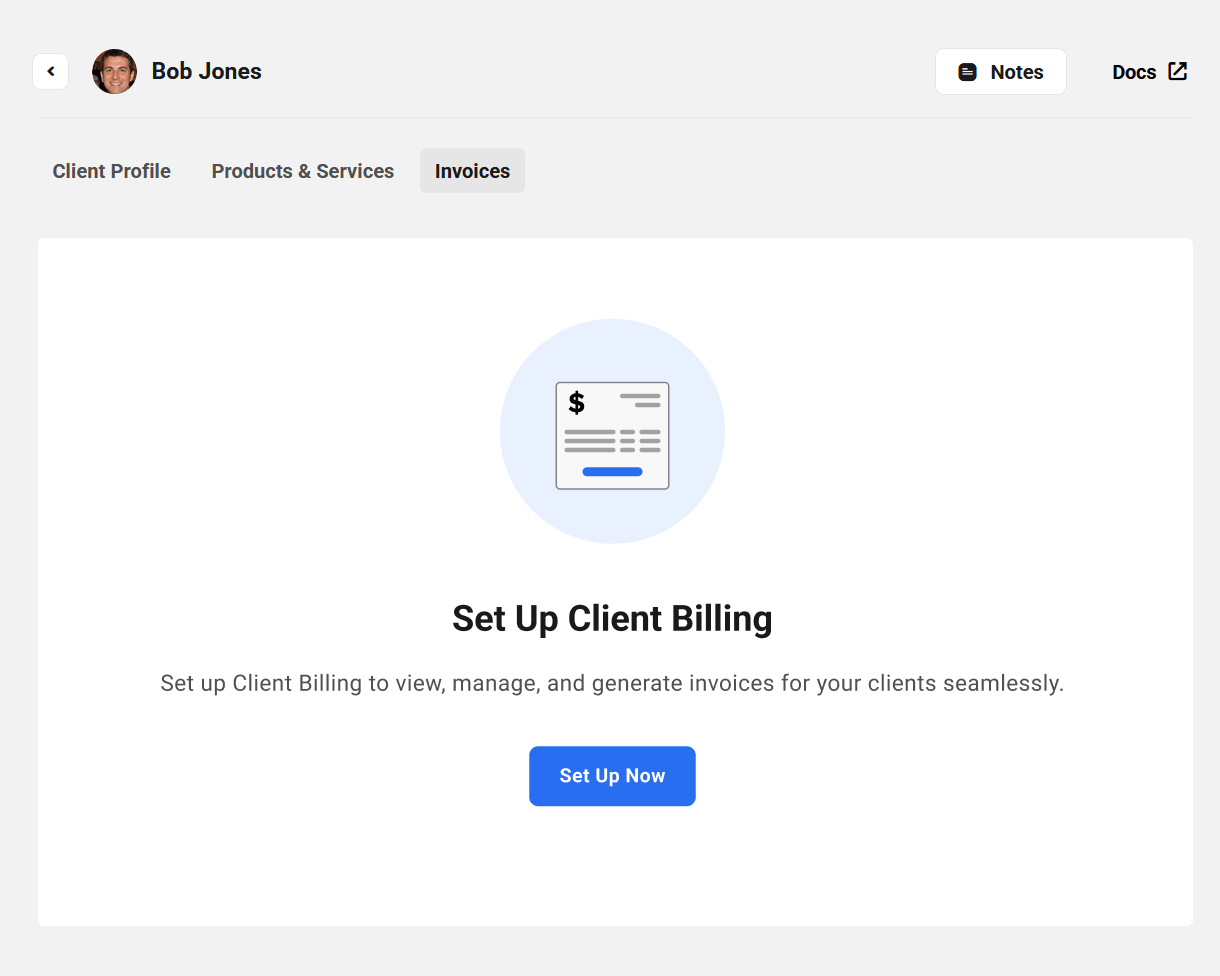 View of Invoices tab in a client profile when Billing is not yet active