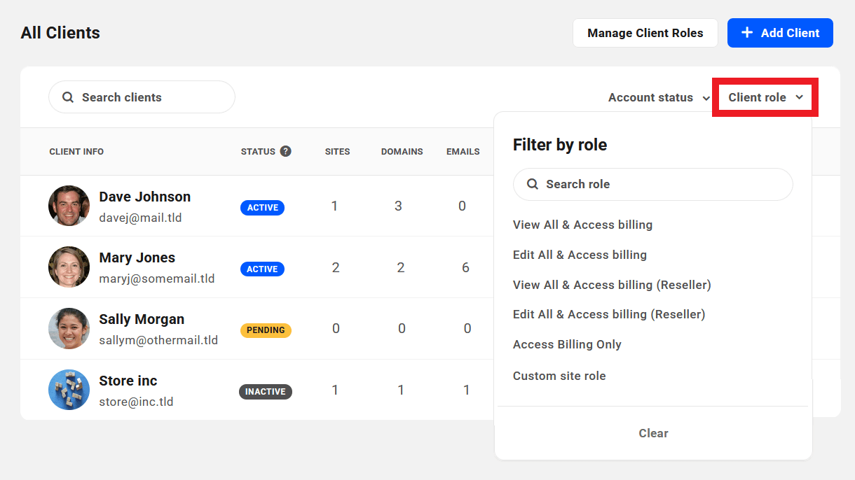 Filter the client list by client role