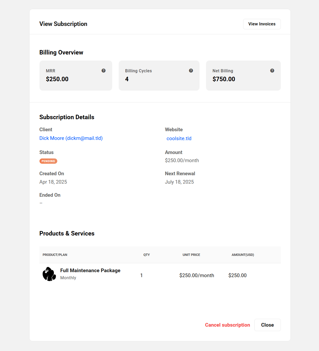 View subscription details in a client profile