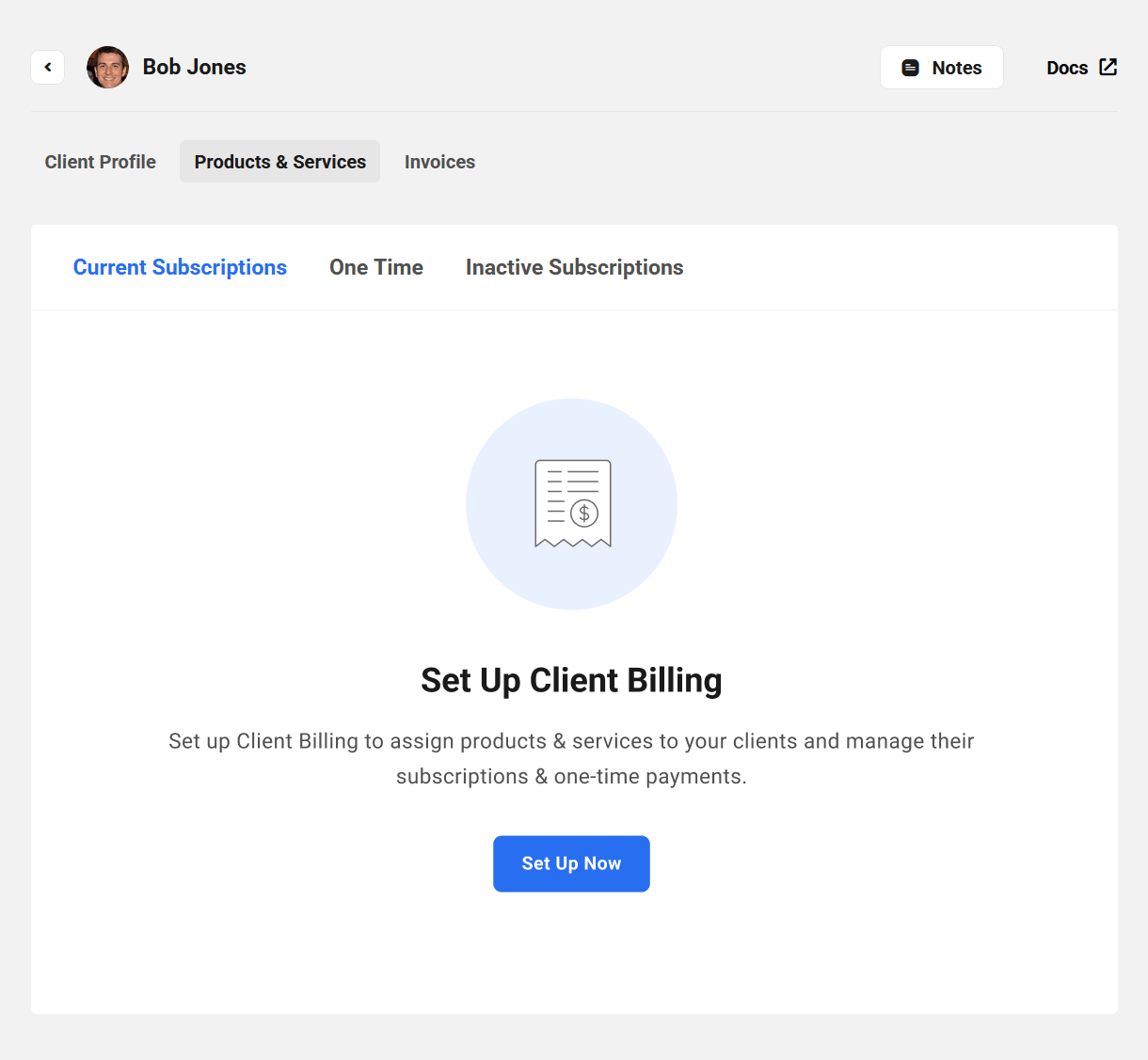 View of Products and Services in a client profile when Billing is not yet active