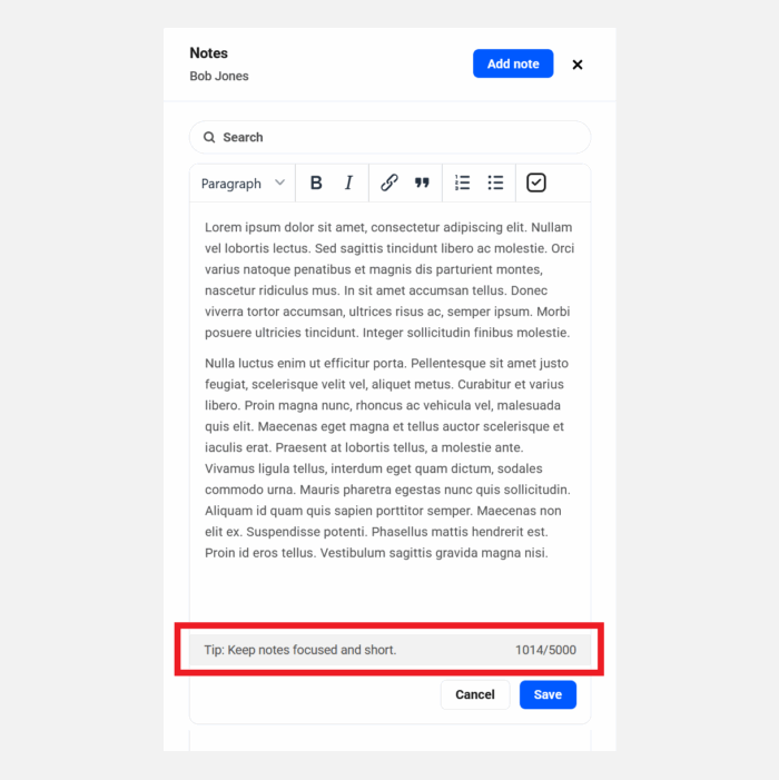 Character limit for client notes in The Hub