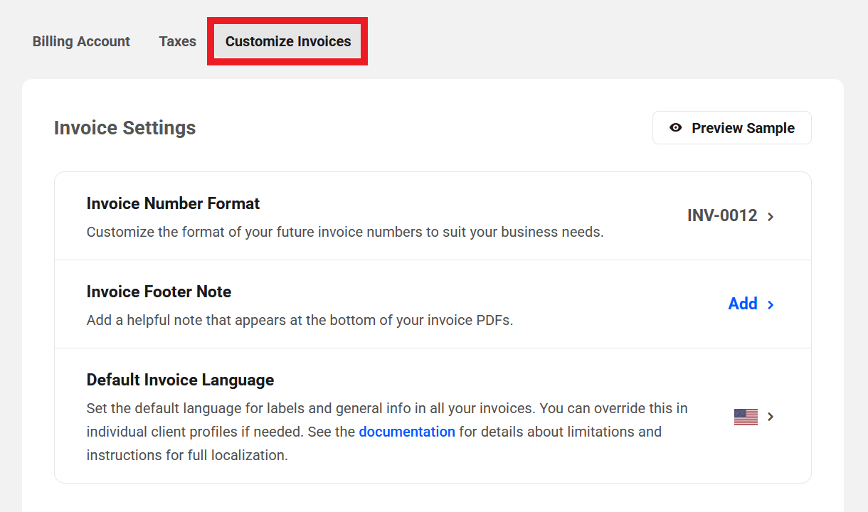 Invoice settings in Client Tools