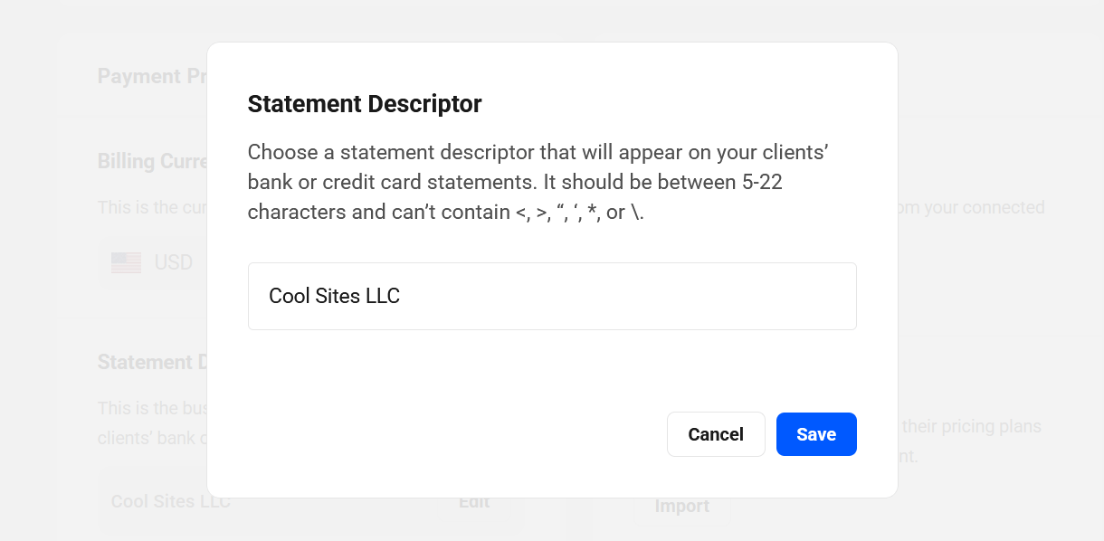 Set statement descriptor in Billing tool