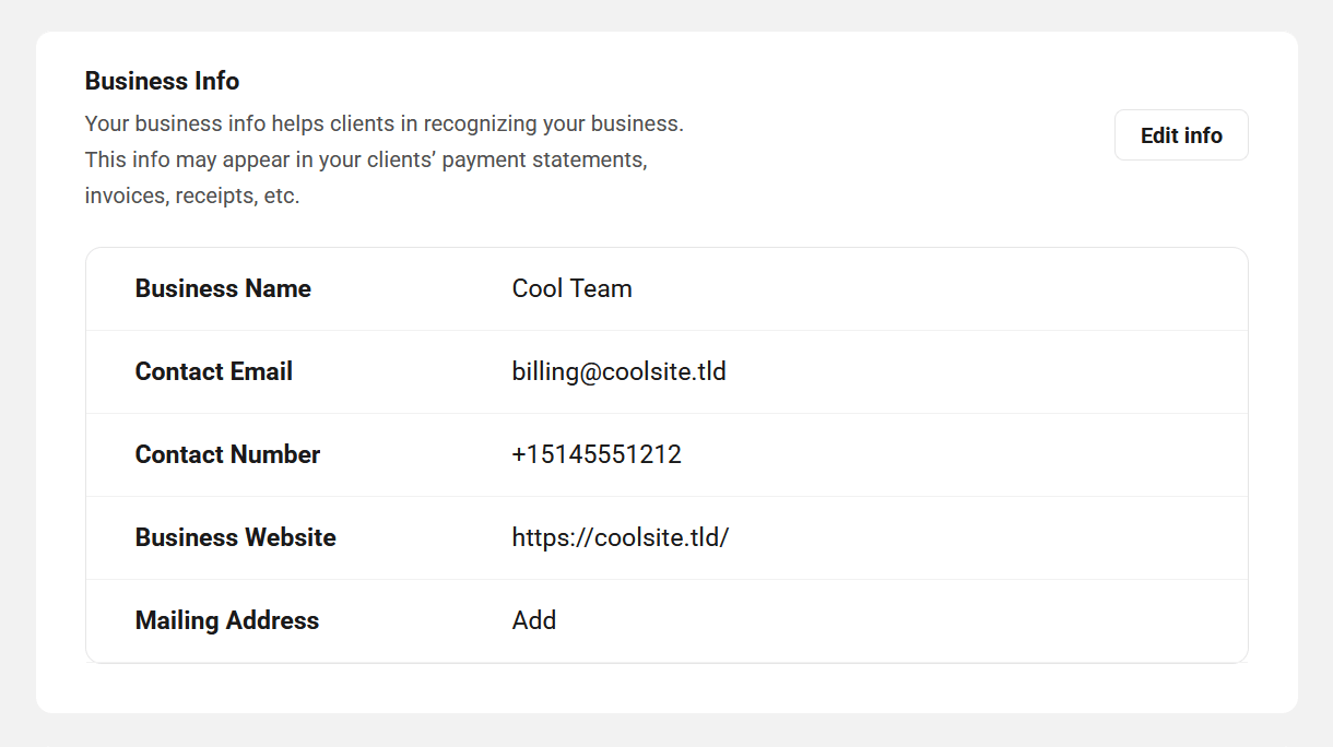 Business info settings in Client Tools