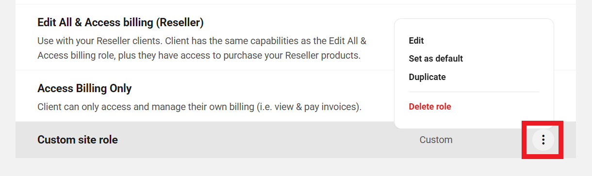 Options available for custom client roles