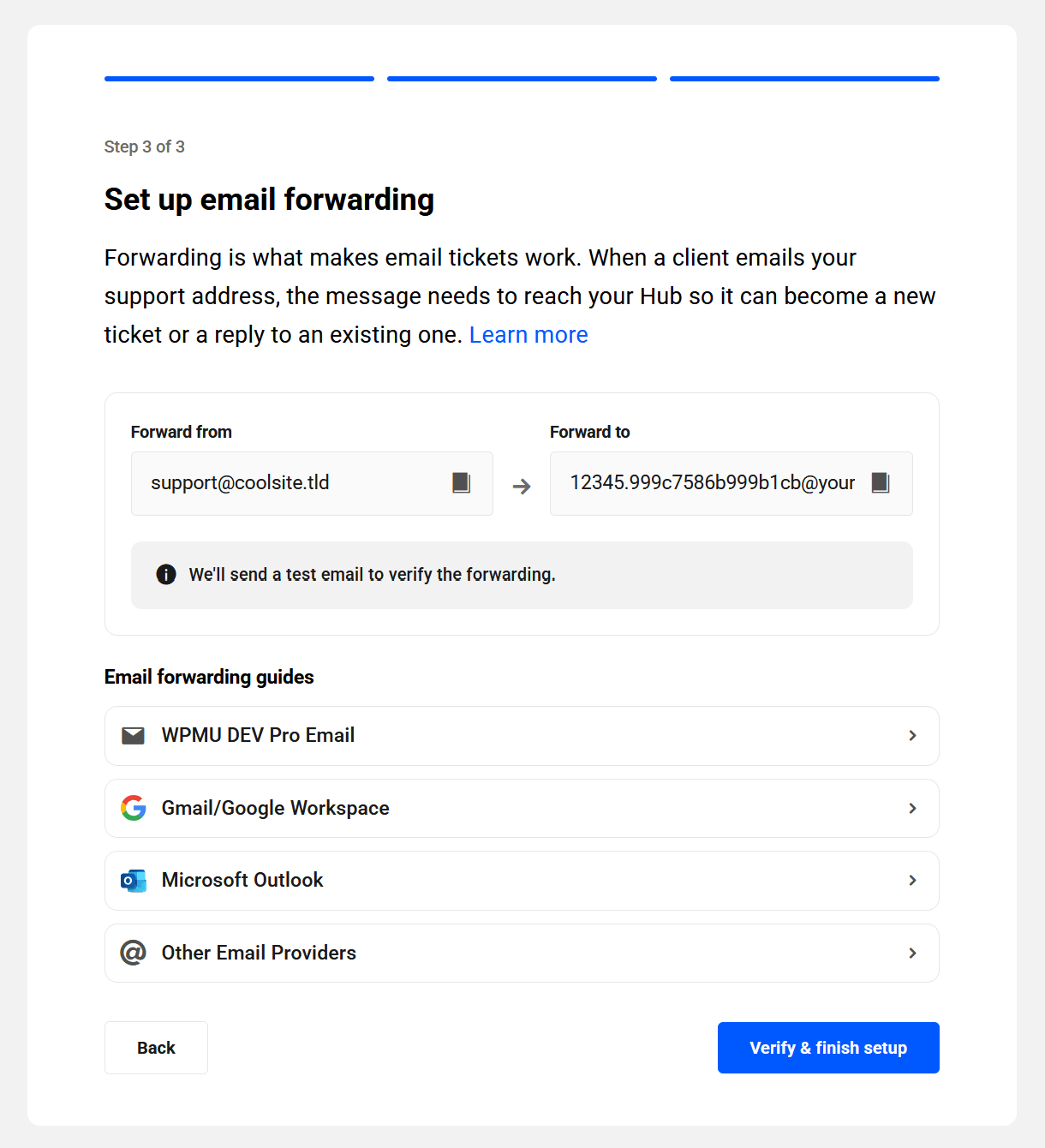 Set up a forwarder for your branded support email address