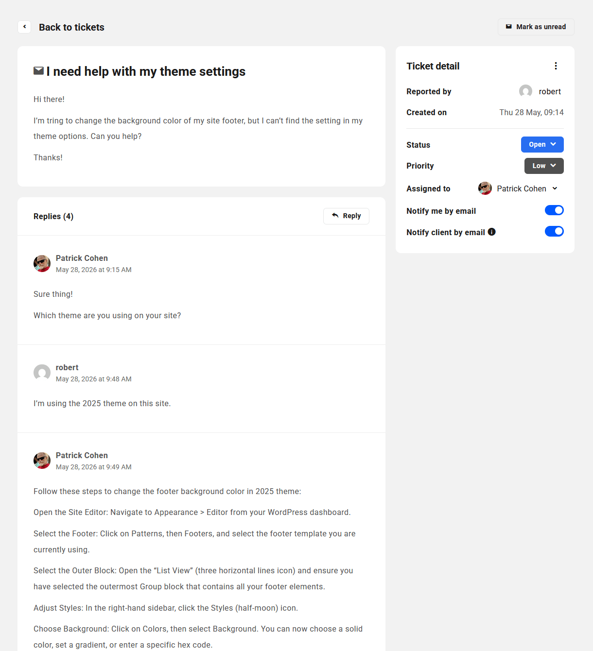 Replies in a ticket created via email