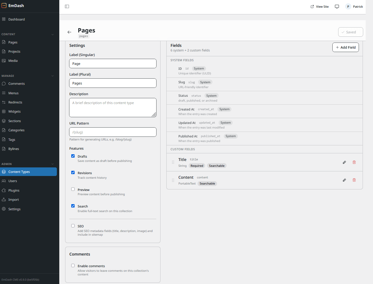 Creating custom content types and fields in an EmDash site