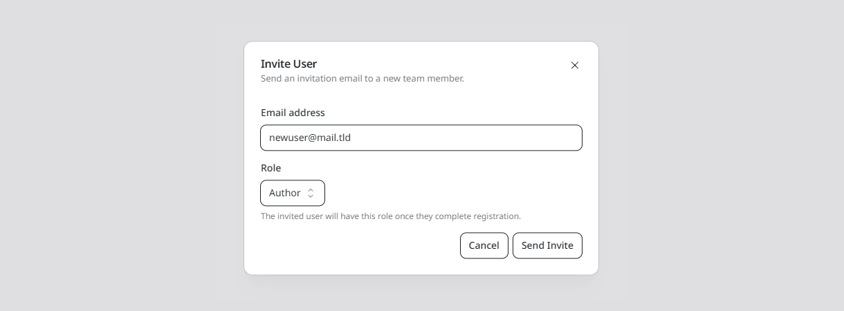 Enter the email address to invite a user to an EmDash site