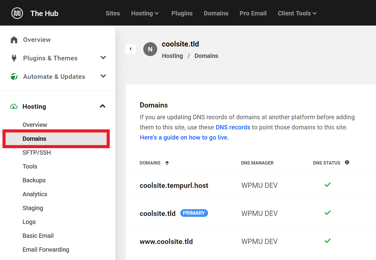 Domains options under the Hosting Category in the Hub