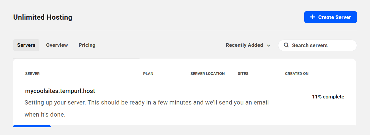 Creation of a new Unlimited Hosting server in progress