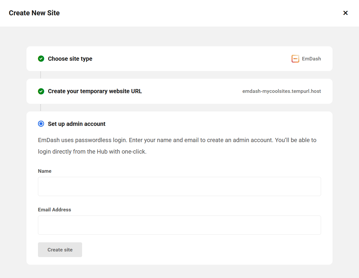 Enter an administrator name when creating a new EmDash site