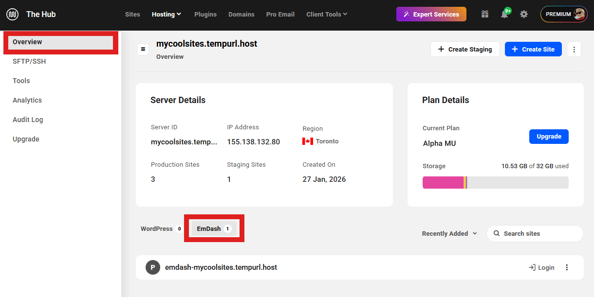 EmDash site on an unlimited hosting server overview screen