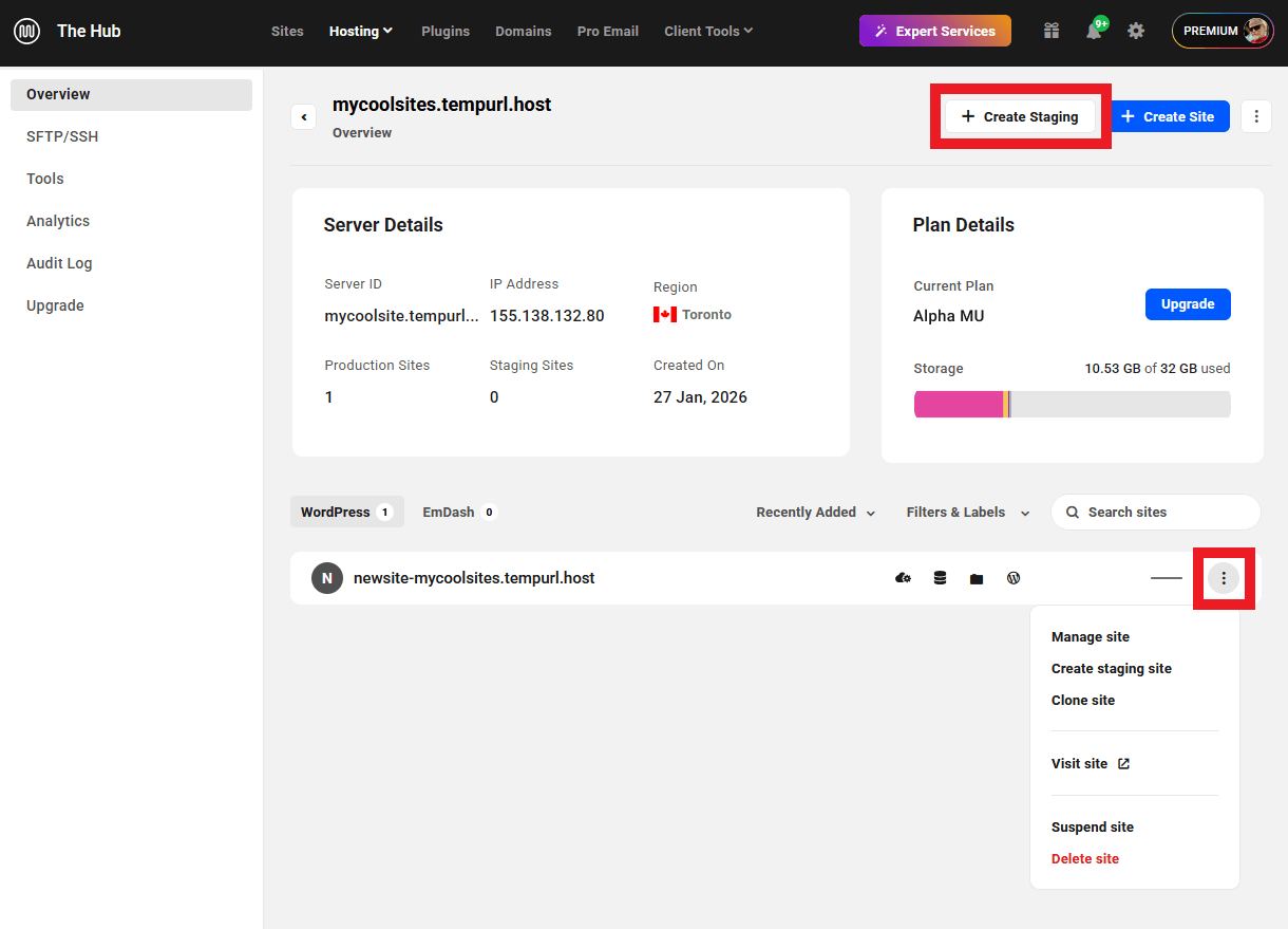 Create a new staging site on an Unlimited Hosting server
