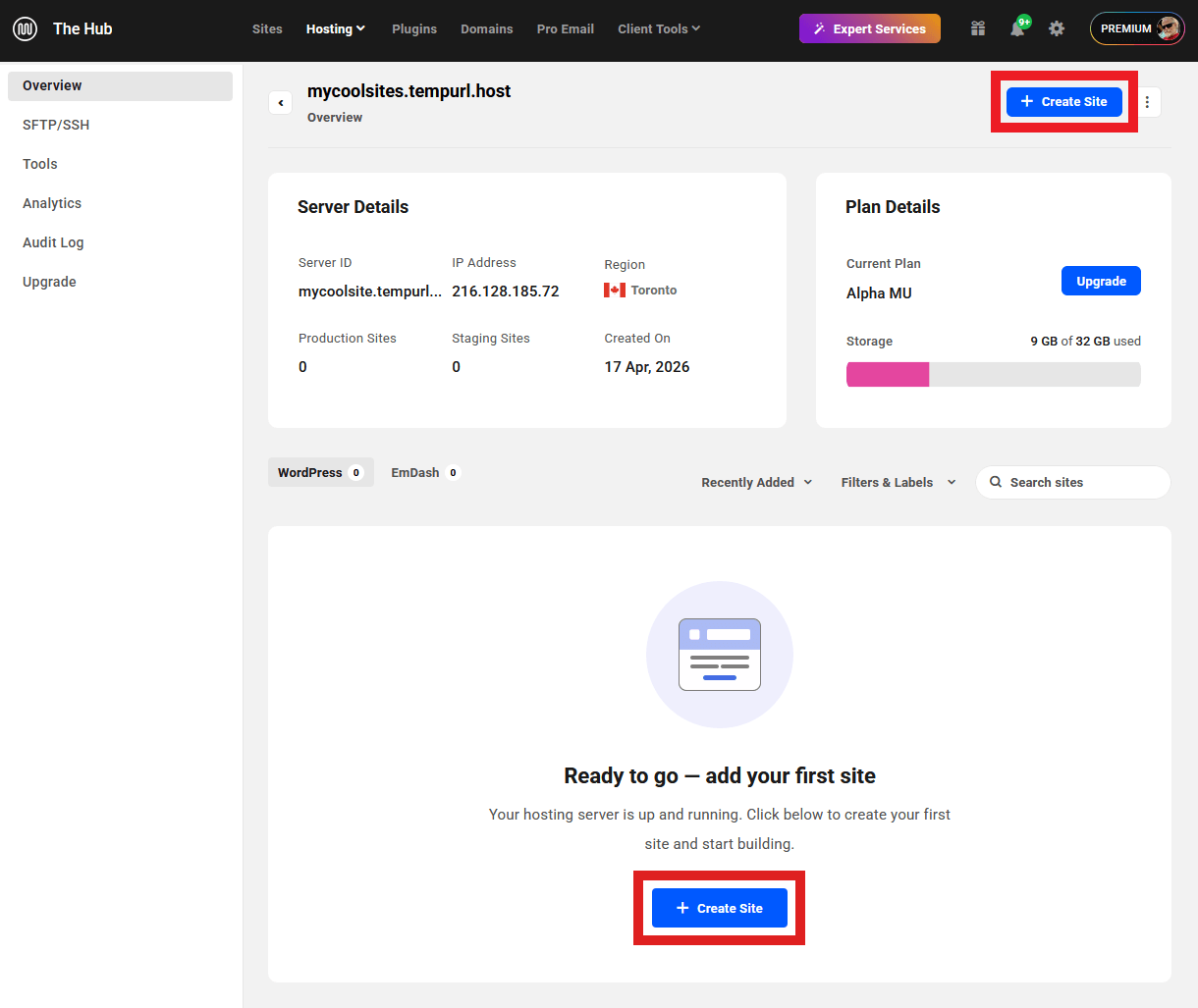 Create a new site on an Unlimited Hosting server