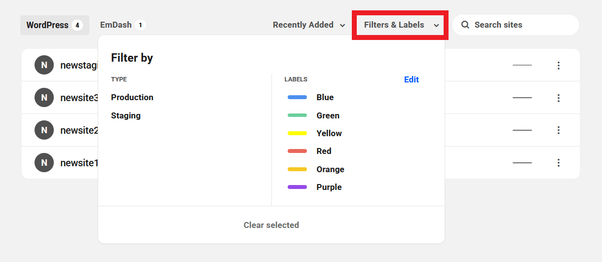 Site filtering options on Unlimited Hosting servers overview screen