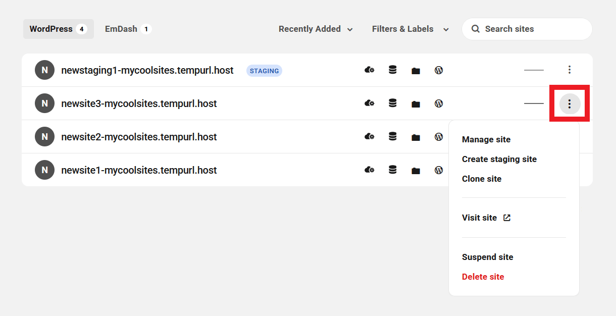 Site management options on an Unlimited Hosting server overview screen