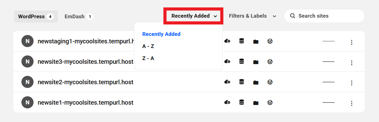 Site sorting options on Unlimited Hosting servers overview screen