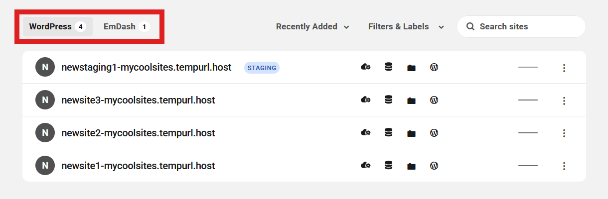 Site list on an Unlimited Hosting server overview screen