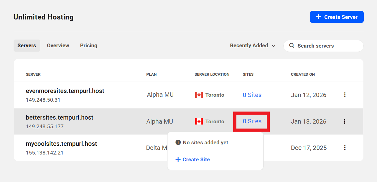 Empty site preview in Unlimited Hosting servers lists